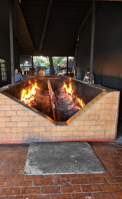 Costelas assando junto às chamas na churrasqueira